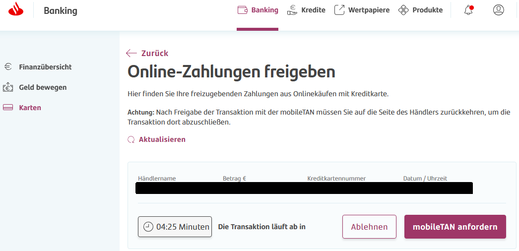 Santander Zahlung best&auml;tigen