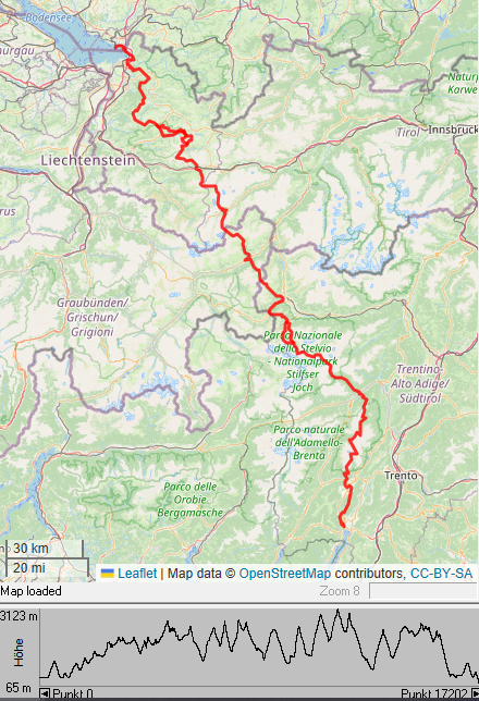 Karte der Alpenquerung mit Höhenprofil
